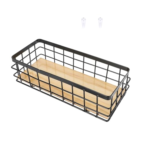 PRETYZOOM Cesta de Hierro Colgante con Tablero de Madera Negro, Tamaño Pequeño 25x10x7 Cm, 1 Unidad, Cesta de Hierro Forjado para Organización y Almacenamiento en Escritorio, Cocina y Hogar