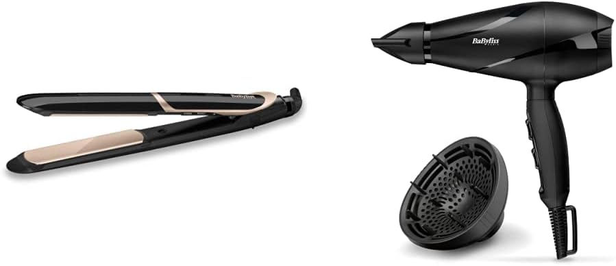 BaByliss 6613DE Secador de Pelo Profesional, Iónico, Motor AC 2200 W, 3 Temperaturas + BaByliss ST393E Plancha de pelo profesional, iónica, placas flotantes extra largas de cerámica de titanio