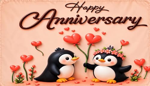 Image of RUMPS 7D Happy Anniversary Penguin Printed Flat Bedsheet King Size 90x100 Inch with 2 Pillow Covers 16x26 Inch | Romantic Couple Bedsheet | Soft Microfiber Double Bedsheet