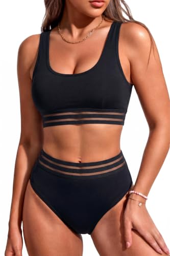 Image of Tempt Me Women Two Piece Scoop Neck Bikini Crop Top High Cut Swimsuit Sporty High Waisted Bathing Suit with Bottoms