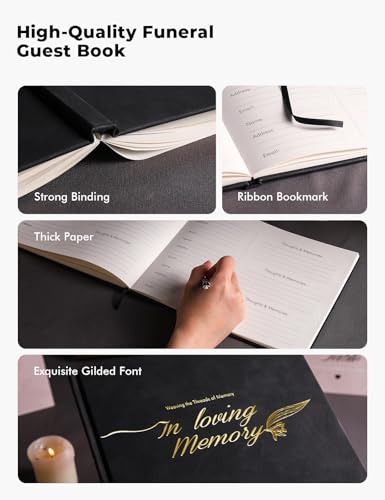 Image of molekaus Funeral Guest Book, Celebration of Life Memorial Book | Leather, Holds 270 Signatures, For Memorial Service, Includes 2 Table Signs & Pen, Grey