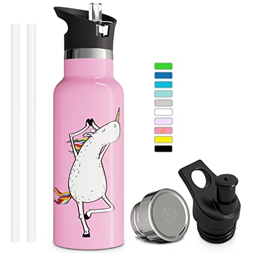 Kids Water Bottle Easy-Sip Straw Lid Leak-Proof Insulated Stainless Steel Thermos Perfect for School & Pickleball 3 Lids BPA-Free Keeps Drinks Cold for 24 Hours (Pink 20oz)