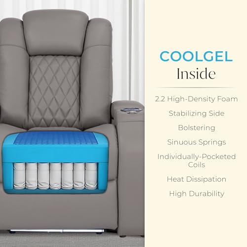 Image of Seatcraft Virtuoso LT Gray Italian Leather Home Theater Seating, Zero Gravity Power Recliner, Powered Headrest and Lumbar Gaming and Home Office Chair, Heat and Massage Lounge Sofa, Single Recliner