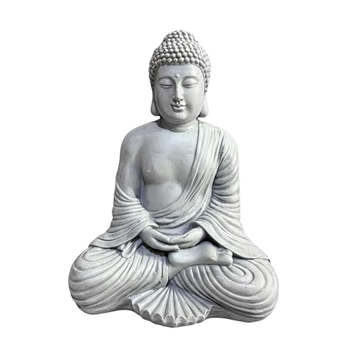 Relaxdays Statue de Bouddha Assis, 42 cm, déco Jardin & Salon, résistante aux intempéries et au Gel, Gris Clair