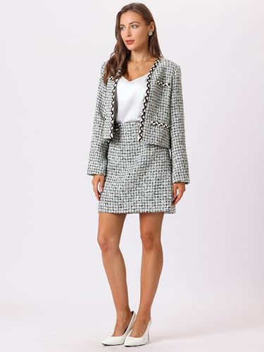 Women's Plaid Tweed Suit Set 2 Piece Outfits Short Blazer Jacket and Skirt Sets3