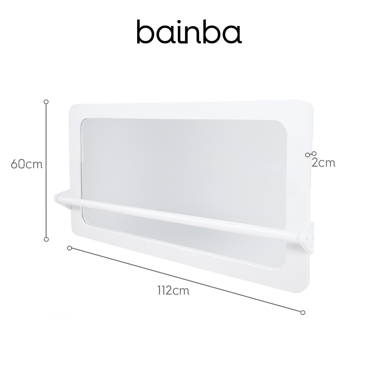 Bainba Espejo Montessori con Barra Blanco para Bebé | Cristal Irrompible de Seguridad | Evolutivo con 3 Alturas Ajustables | para Bebes y niños | 112 x 60 cm | Hecho en España | Fijación en la Pared
