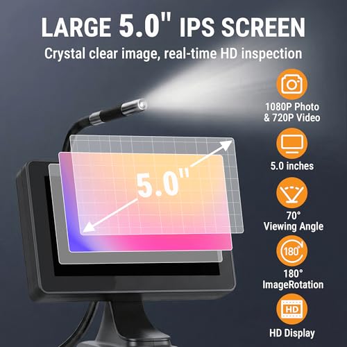 Cámara Endoscópica Flexible Articulada 360° con Pantalla IPS de 5", 1080P HD, Cable Semi-rígido de 4.9FT, Impermeable IP67 con 6 Luces para Automotriz y Plomería miniatura 3