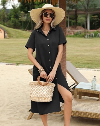 HOTOUCH Womens Summer Dress Casual Midi Short Sleeve Shirt Button Down Loose Beach Dress with Pockets2
