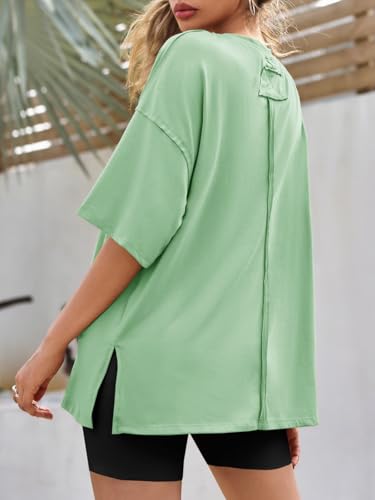 Image of Tankaneo Womens Oversized Tshirts Summer Casual Short Sleeve Crew Neck T Shirt Loose Fit Side Slit Tee Tops