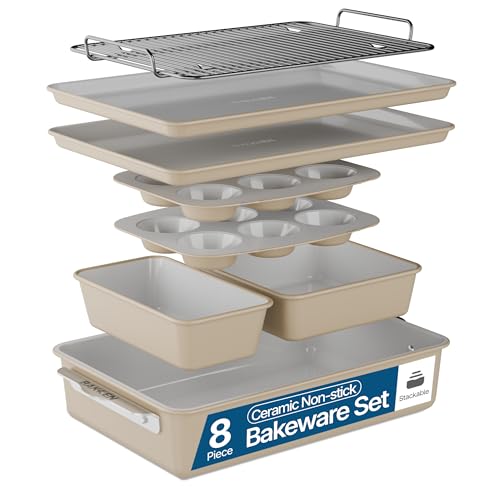 Bakken 8-Piece Stackable Bakeware Set – Ceramic Non-Stick, Oven-Safe Baking Sheets & Pans, PTFE/PFOA/PFOS-Free, Ergonomic Handles, Includes Cooling Rack – Healthy, Non-Toxic Baking Essentials, Cream