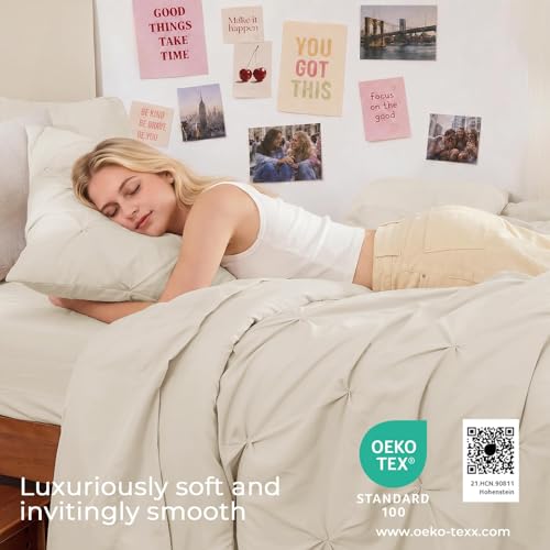 Image of Sasttie Twin Comforter Set, 5-Piece Bed in a Bag, Pintuck Bedding Sets for All Season, Includes Comforter, Flat Sheet, Fitted Sheet, Pillowcase and Pillowsham, Beige