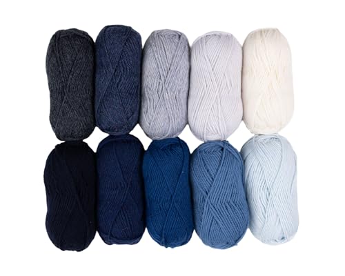 Image of Knit Picks Wool of the Andes Assorted 100% Wool Yarn Pack for Knitting | 10 skeins (500g total) of soft worsted weight crocheting yarn in Blue Skies color, good for felting.