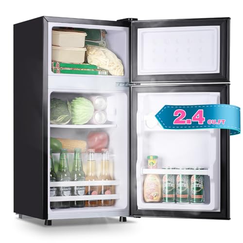 DEMULLER Retro Mini Fridge with Freezer Dual Door Apartment Size Small Refrigerator with Egg Tray, Dorm Compact Fridge with Removable Plastic Shelves, 2.4Cu.ft, 14.96