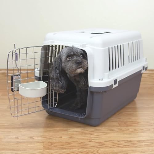 Image of 24 Inch Heavy Duty Dog Travel Carrier Flight Crate, IATA Compliant Airline Approved Pet Kennel Cage with Wheels for Dogs,Cats & Puppies,Removable Tray, White & Grey (24 inch L x 16 inch W x 16 inch H)