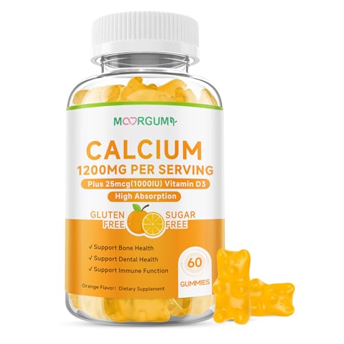 MOORGUMY Calcium Citrate Gummies for Kids Adult - 1200 mg with Vitamin D3 1000IU - Support Bone Teeth Immune Health High Absorption Calcium and Vitamin D Supplement Orange Flavor 60 Count