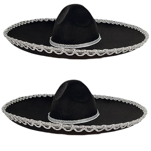 GiftExpress 2-Pack Adult Black Sombrero Hat 18-Inch Wide Mariachi-Style Costume Sombrero with Silver Braid Trim Polyester One Size Fits Most