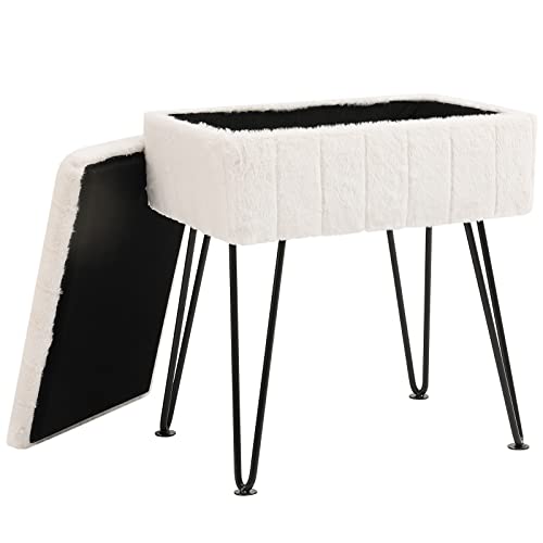 Cuyoca Vanity Stool Ottoman With Storage Bench, Faux Fur Stool For Vanity With Metal Legs, Makeup Chair Vanity Stool For Bedroom Living Room, Cream #TOP2