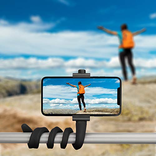 iTODOS Portable Flexible Cell Phone Holder Stand for Treadmill, Spin Bike, Bed, Car, Kitchen, Desk, Grocery Shopping Cart,Compatible with iPhone, Android, GoPro, DSLR, Action Camera(Black)