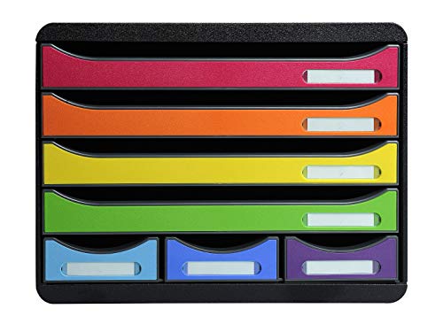 Exacompta - Réf. 307798D - STORE-BOX - Caisson 7 tiroirs, 4 tiroirs pour documents A4+ et 3 tiroirs MINI - Dimensions extérieures : Profondeur 27 x largeur 35,5 x Hauteur 27,1 cm- Noir/arlequin