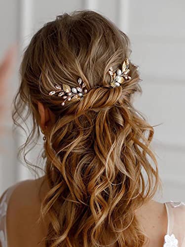 Vakkery Lot de 3 épingles à cheveux de mariage en forme de fleur et cristal doré avec perles et feuilles - Accessoires de cheveux pour femmes et filles