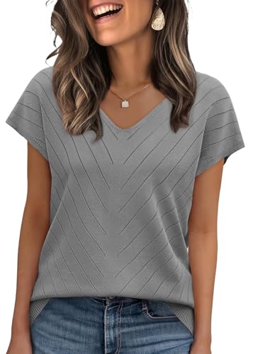 Image of WIHOLL Short Sleeve Sweater for Women V Neck Trendy Summer Tops 2026 Beach Vacation Clothes Travel Business Casual Outfits
