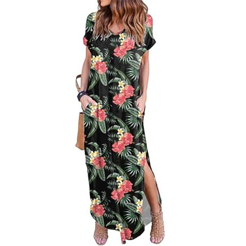 HUSKARY Women's Summer Maxi Dress Casual Loose Pockets Long Dress Short Sleeve Split Maxi Dresses Small Flower07