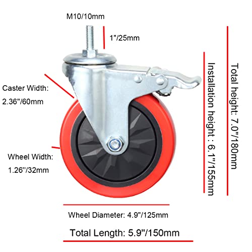 Image of Heavy Duty Stem Caster Wheels M10-1.5X25mm Dual Locking No Noise PVC Threaded Stem Caster Wheels Pack of 4 for Workbench, Dolly, Furniture (5 Inch, Red)