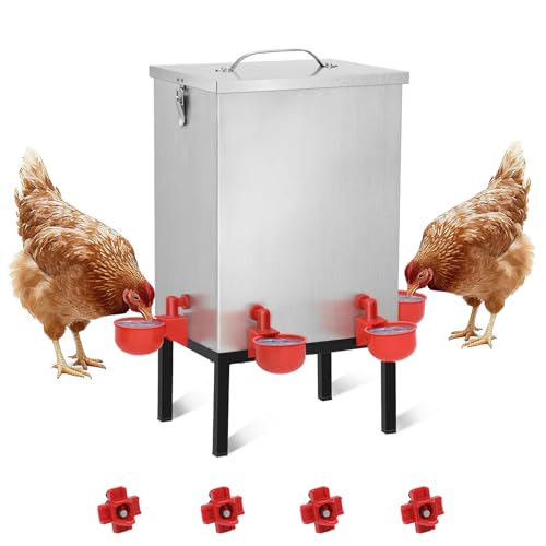 3 Gallons Chicken Waterer Stainless Steels Automatic Chicken Waterer with Latch and Bottom BracketPoultry Watering 4 Water Cups Chicken Feeder Waterer and 4 Horizontal Automatic Chicken Nipples