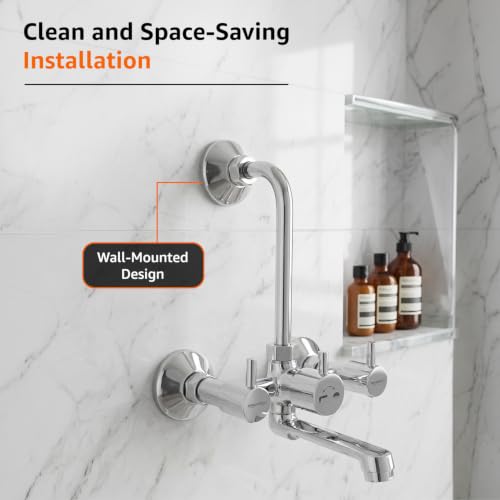 Image of Amazon Basics Wall Mixer | Dual Flow Type | ABS Plastic Body with Ceramic Disc Cartridge and L-Bend Provision | 1 /2 BSP Inlet | Bathroom Use [Chrome]