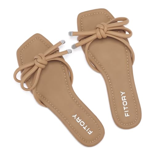 FITORY Women's Flat Sandals Square Open Toe Thong with Cute Knot for Summer Size 6-11