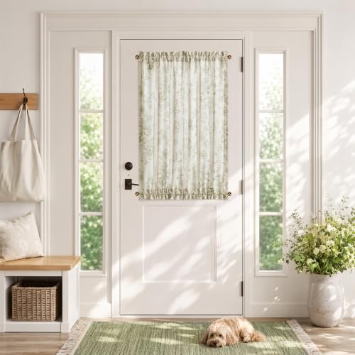 Image of jinchan Alice Floral French Door Curtain Farmhouse Linen for Sliding Glass Door 40 Inches 1 Panel with Tieback Light Filtering Curtain for Window Patio Rod Pocket Green on Linen