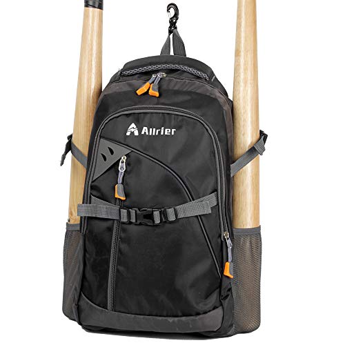 ALLRIER Baseball Backpack Bag - Baseball Bag with Fence Hook, Ball Softball Equipment Gear Holds 2 Bat Helmet Batting Glove Cleats Water Bottles and More for Kids Youth and Adults - Black