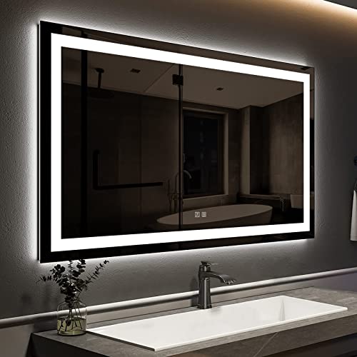 ROOMTEC 48 x 32 Inches LED Bathroom Mirror with Front and Backlit,Anti-Fog,3 Colors and Dimmable Light(Horizontal/Vertical), Silver