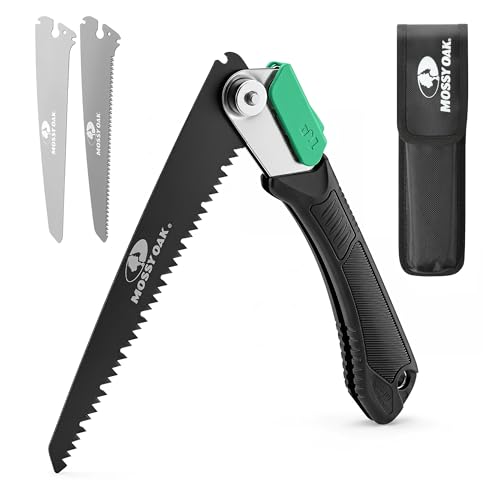 Mossy Oak Pruning Saw Folding Hand Saw with Secure Lock 3 Blades Made of Cr-V and 65Mn for Wood Bone PVC Tree Pruning Camping Hunting Non-Ferrous Metal Solid TPR Soft Grip and Portable Pouch
