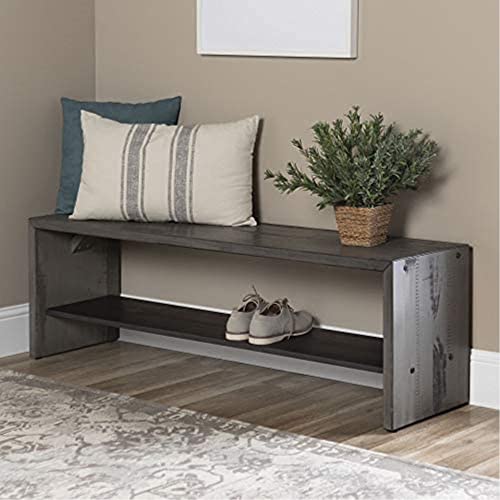 Walker Edison Meg Rustic Solid Wood Two Tier Entryway Bench, 58 Inch, Grey #TOP1