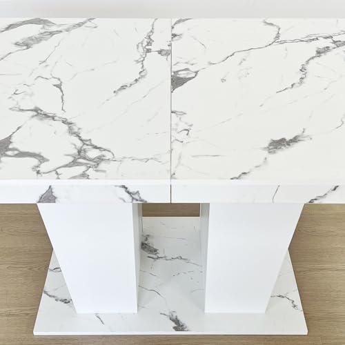 Image of 9 Piece Extendable Dining Table Set for 8, 63 inch-78.74 inch Wooden Expandable Dining Table with White Marble Finish, 8 Grey Velvet Tufted Chairs, Modern Kitchen Dining Room Table Set 8 for Family Gathering