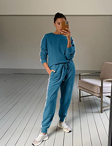 Hotouch Women's 2 Piece Winter Pajama Set Long Sleeve Top And Drawstring Bottoms Elastic Sleepwear Set Peacock Blue Xxl #TOP2