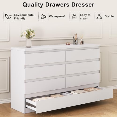 Modern White 8 Drawer Dresser for Bedroom, 15.3" D x 55.2" W x 32.3" H Simply Chest of Drawers, Wood Storage Dresser with Deep Drawers for Living Room Hallway Entryway, White - Image 5