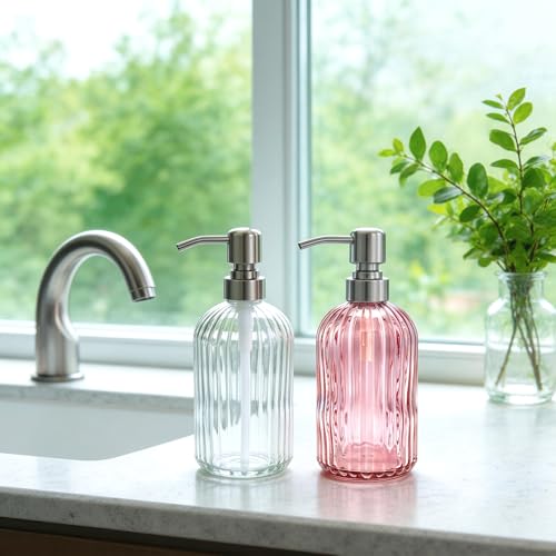 Image of 16 OZ Pink Glass Soap Dispenser Glass Soap Dispenser,Clear Pink Stripe Bathroom Hand Soap Dispensers with Stainless Steel Pump, Pink Kitchen Hand Soap Dispenser with Brushed Nickel Pump