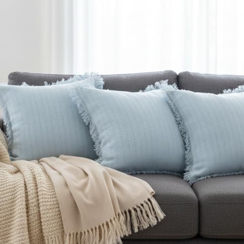 Image of Light Blue Cushion Covers - 16x16 Inch | Set of 2 | Hand-Woven Fringed Cotton Decorative Covers for Sofa, Living Room & Bedroom Decor | Square Shape Cushion Cases