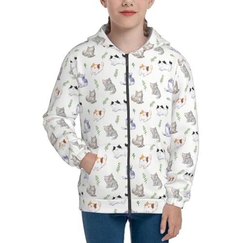 Watercolor Cat and Leaf Kids Pullover Hoodies Boys Zip Up Sweatshirts Girls Athletic Clothes with Pocket3
