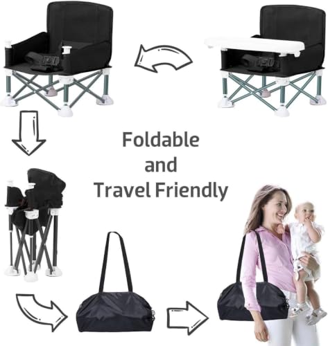 Image of Portable Baby Foldable High Chair with Detachable Feeding Tray, Kids Dining Booster Seat with Safety Belt, Lightweight Foldable Infant Feeding Chair for Home, Dining & Travel (Black)