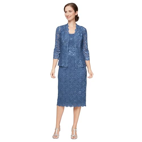 Image of S.L. Fashions Women's Tea Length Sequin Lace Mother of The Bride Dress with Illusion Sleeve Jacket