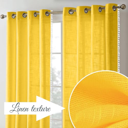 Image of THE LINEN COMPANY Cotton Sheer Grommet Curtains with Side Border Pompom Sheer Curtain for Window Linen Textured, Light Filtering, Pack of 2 (Lemon, 6 Feet)
