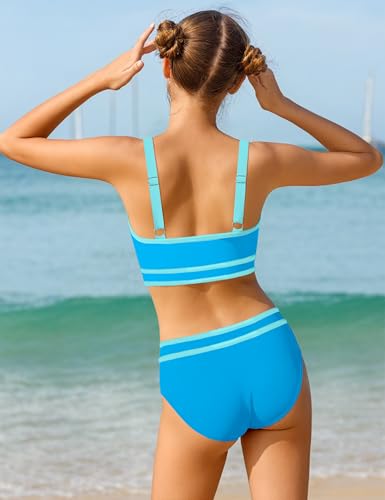 Image of Girls Swimsuit Double Strap High Waist Sporty Bikini Swimsuits Swim Cover Up Skirt 3 Piece Set