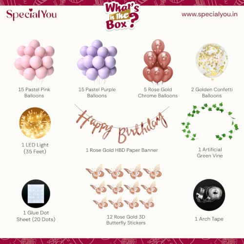 Image of SpecialYou Butterfly Theme Birthday Decoration Kit with Purple & Pink Balloons Green Fake Vines for Birthday Decoration Items, Pastel Balloons for Birthday Decor Kit -43 Pcs