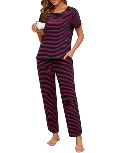 Image of Womens Pajama Sets Cotton 2 Piece Lounge Set Stripe Short Sleeve Pj Set Comfy Loungewear Sleepwear with Pockets
