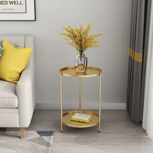 image for veonly Round End Table 2 Tier Metal Sofa Side Table Foldable Accent Co
