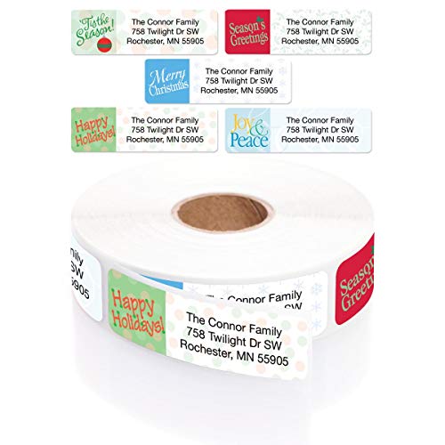 Holiday Tidings Designer Assorted Rolled Address Labels with Elegant Plastic Dispenser