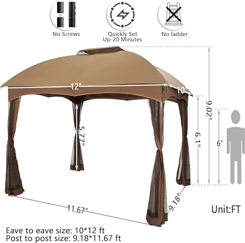 10x12 Outdoor Gazebo, Double Vent Canopy Gazebo with Mosquito Netting, Easy Setup Outdoor Canopy Shelter with Steel Frame for Patio, Lawn, Garden, Backyard & Deck - Image 8